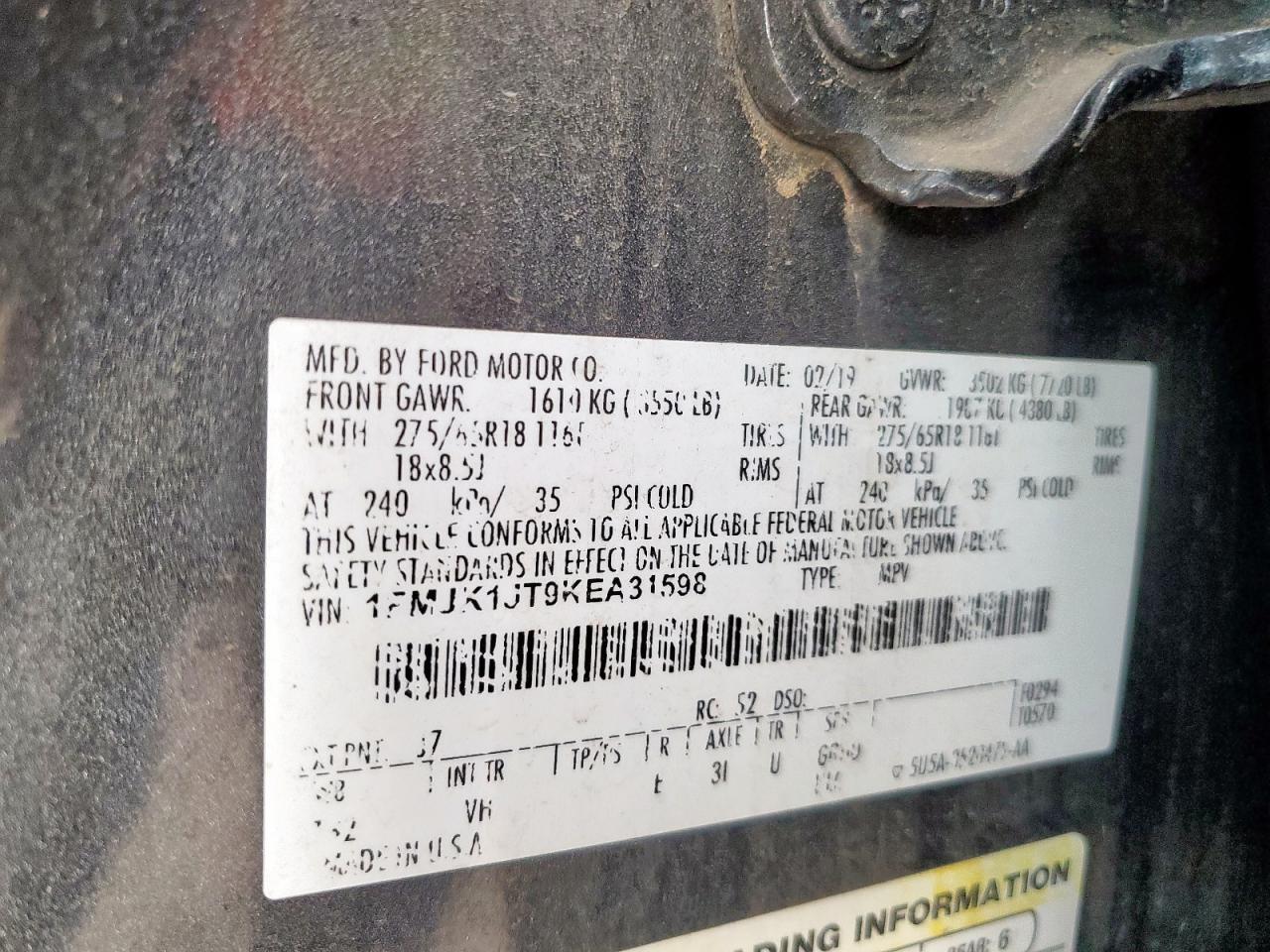 2019 Ford Expedition Max Xlt VIN: 1FMJK1JT9KEA31598 Lot: 93344375