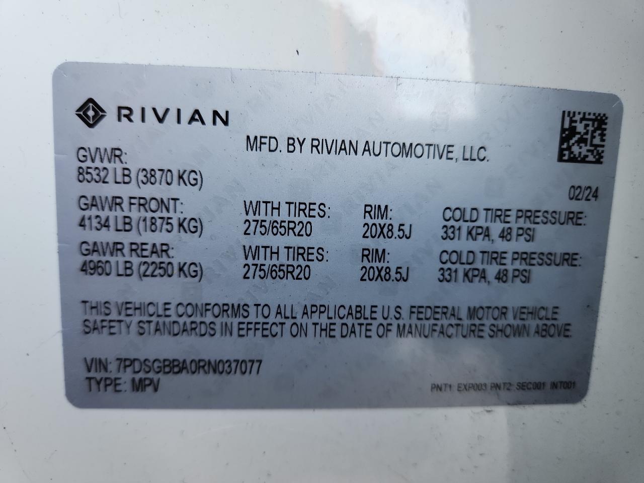 2024 Rivian R1S Adventure VIN: 7PDSGBBA0RN037077 Lot: 90658325
