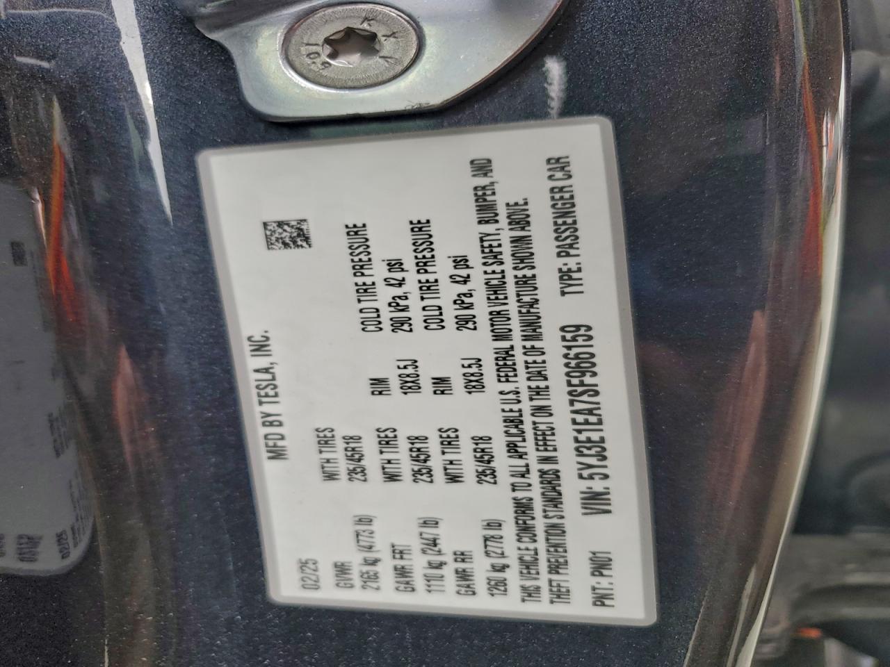 2025 Tesla Model 3 VIN: 5YJ3E1EA7SF966159 Lot: 93507005