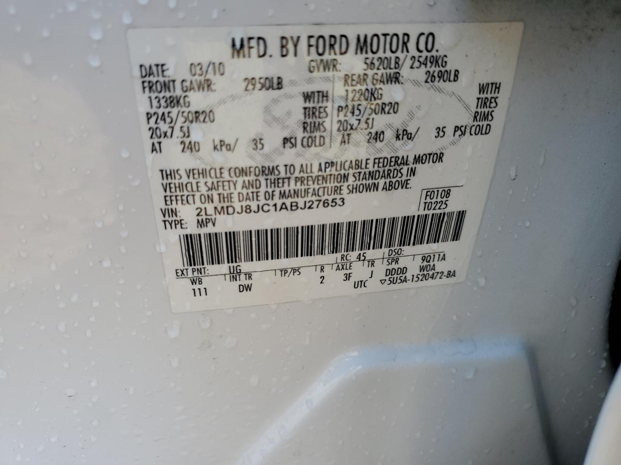 2010 Lincoln Mkx VIN: 2LMDJ8JC1ABJ27653 Lot: 92435045