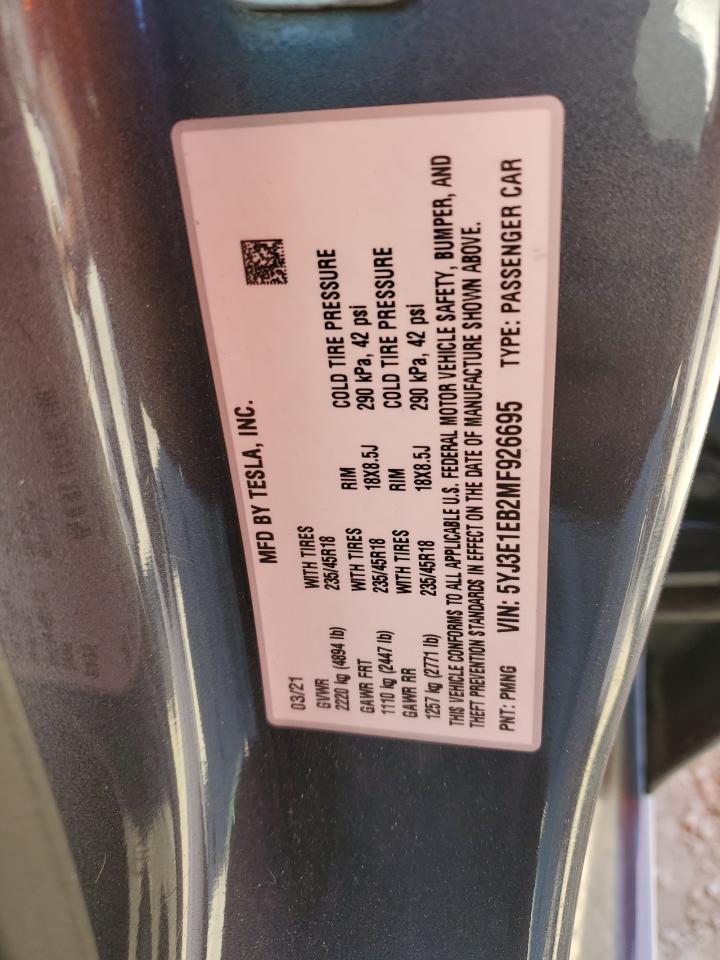 2021 Tesla Model 3 VIN: 5YJ3E1EB2MF926695 Lot: 92714885