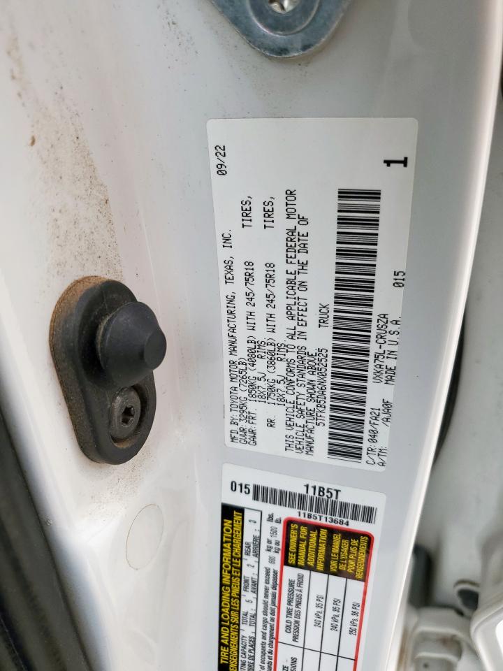 2022 Toyota Tundra Double Cab Sr VIN: 5TFKB5DA6NX052525 Lot: 92013885