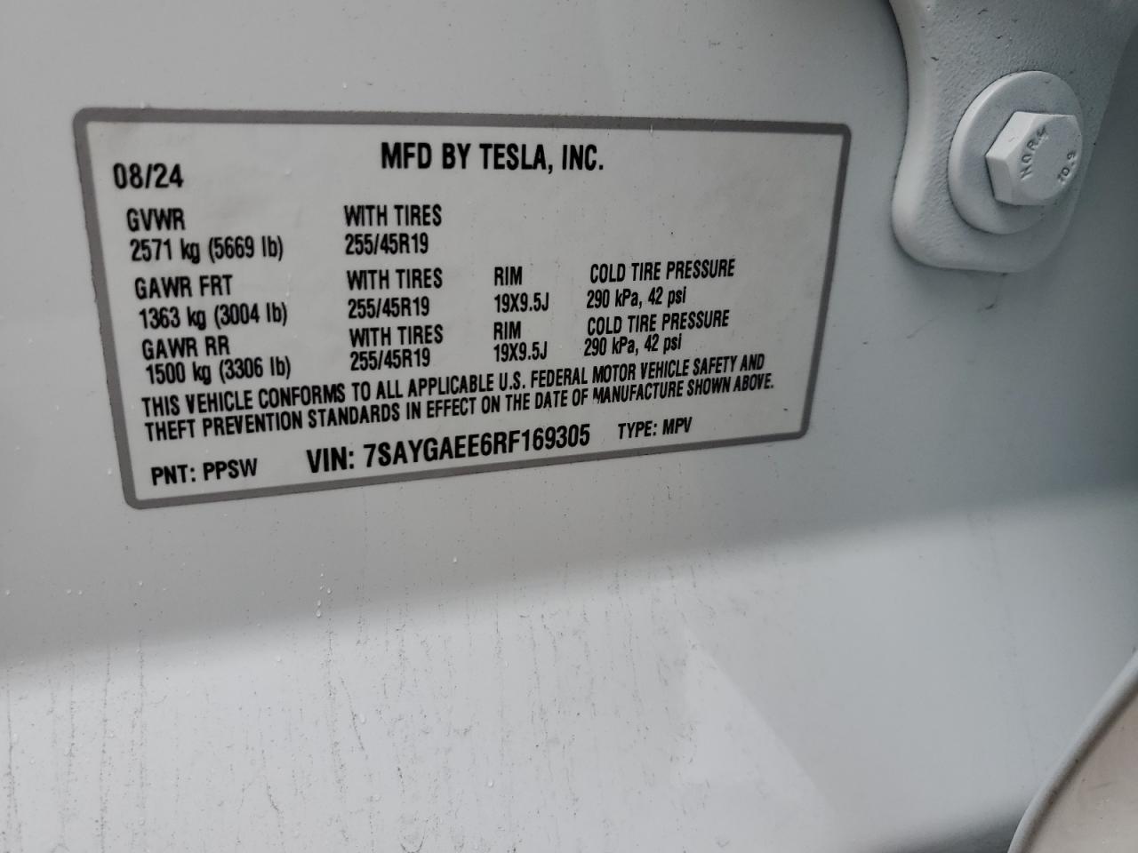 2024 Tesla Model Y VIN: 7SAYGAEE6RF169305 Lot: 93116245