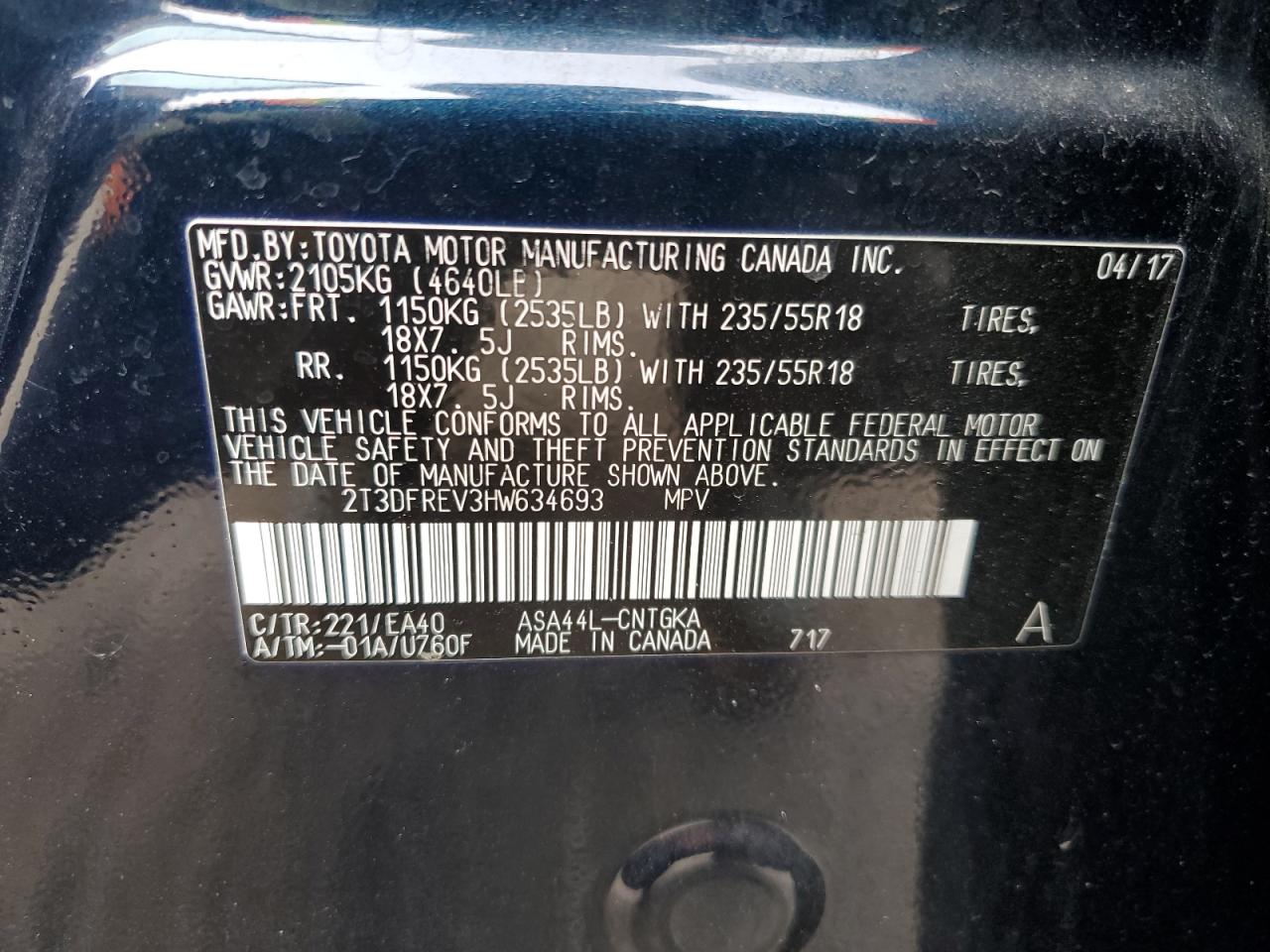 2017 Toyota Rav4 Limited VIN: 2T3DFREV3HW634693 Lot: 91597505