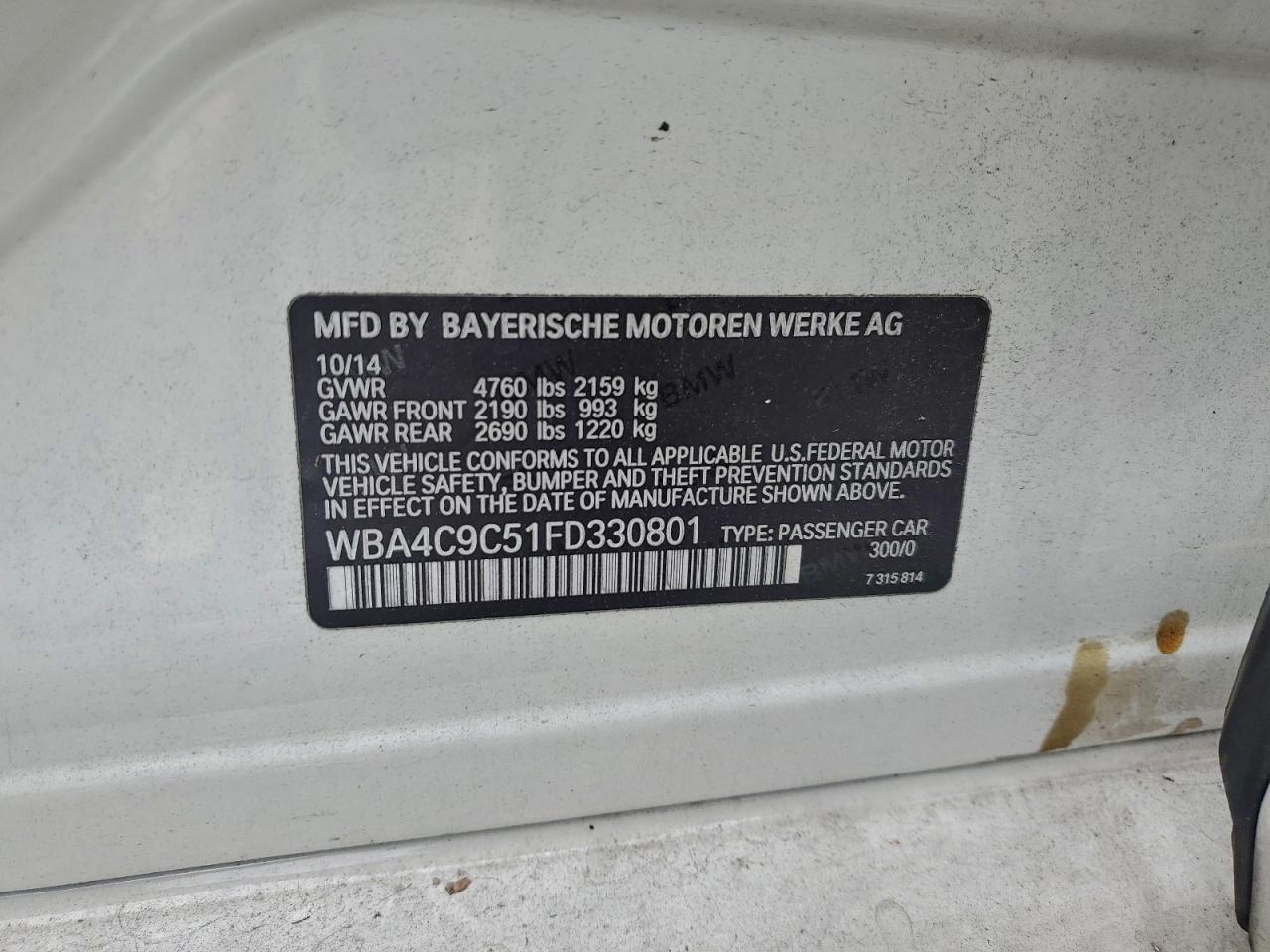 2015 BMW 428 Xi Gran Coupe Sulev VIN: WBA4C9C51FD330801 Lot: 94172045