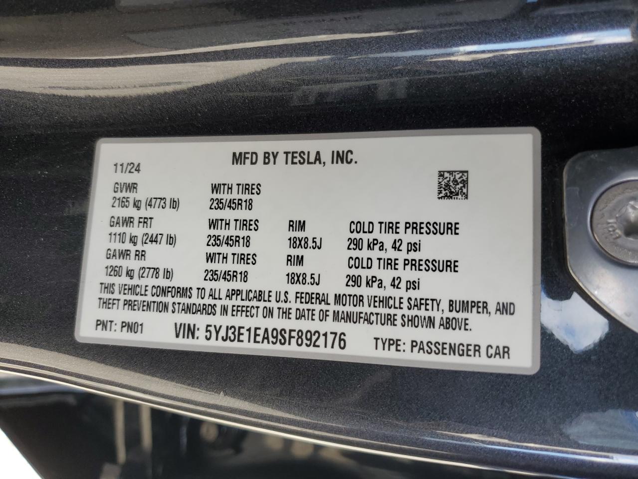 2025 Tesla Model 3 VIN: 5YJ3E1EA9SF892176 Lot: 93484965