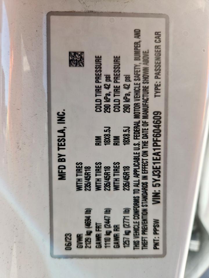 2023 Tesla Model 3 VIN: 5YJ3E1EA1PF604609 Lot: 91101115