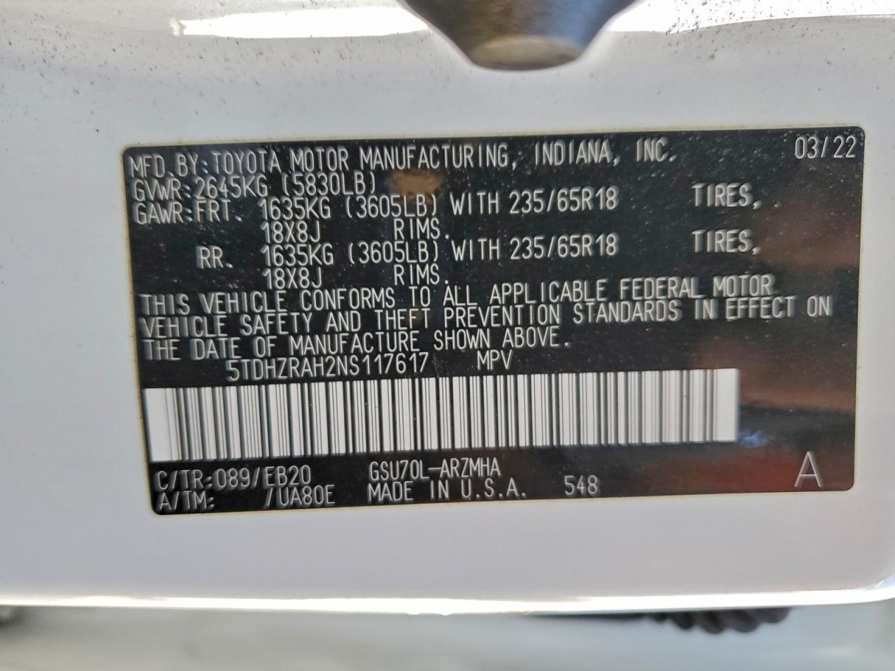 2022 Toyota Highlander Xle VIN: 5TDHZRAH2NS117617 Lot: 94358055