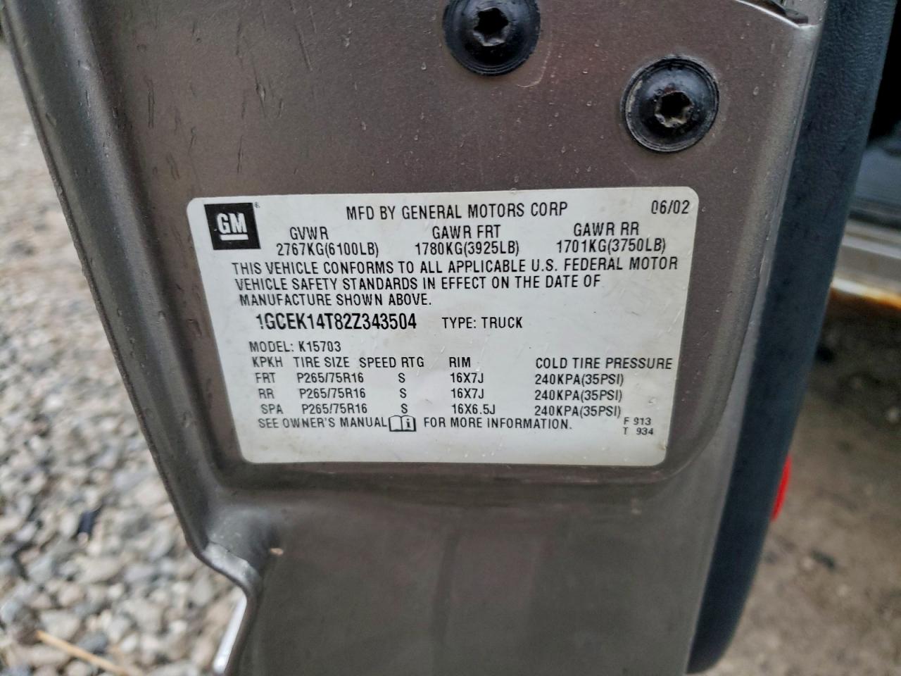 2002 Chevrolet Silverado K1500 VIN: 1GCEK14T82Z343504 Lot: 94319165