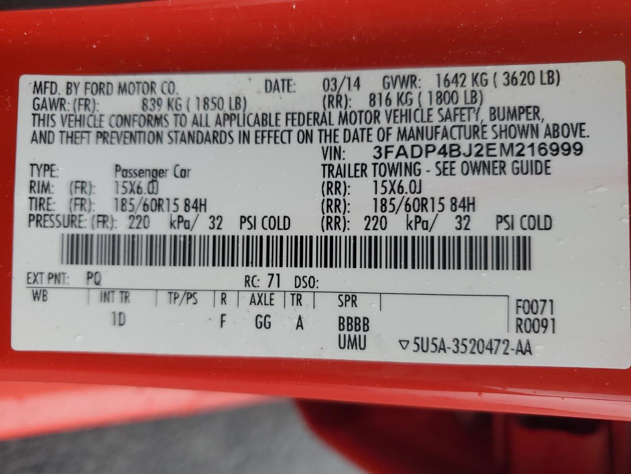 2014 Ford Fiesta Se VIN: 3FADP4BJ2EM216999 Lot: 93958085