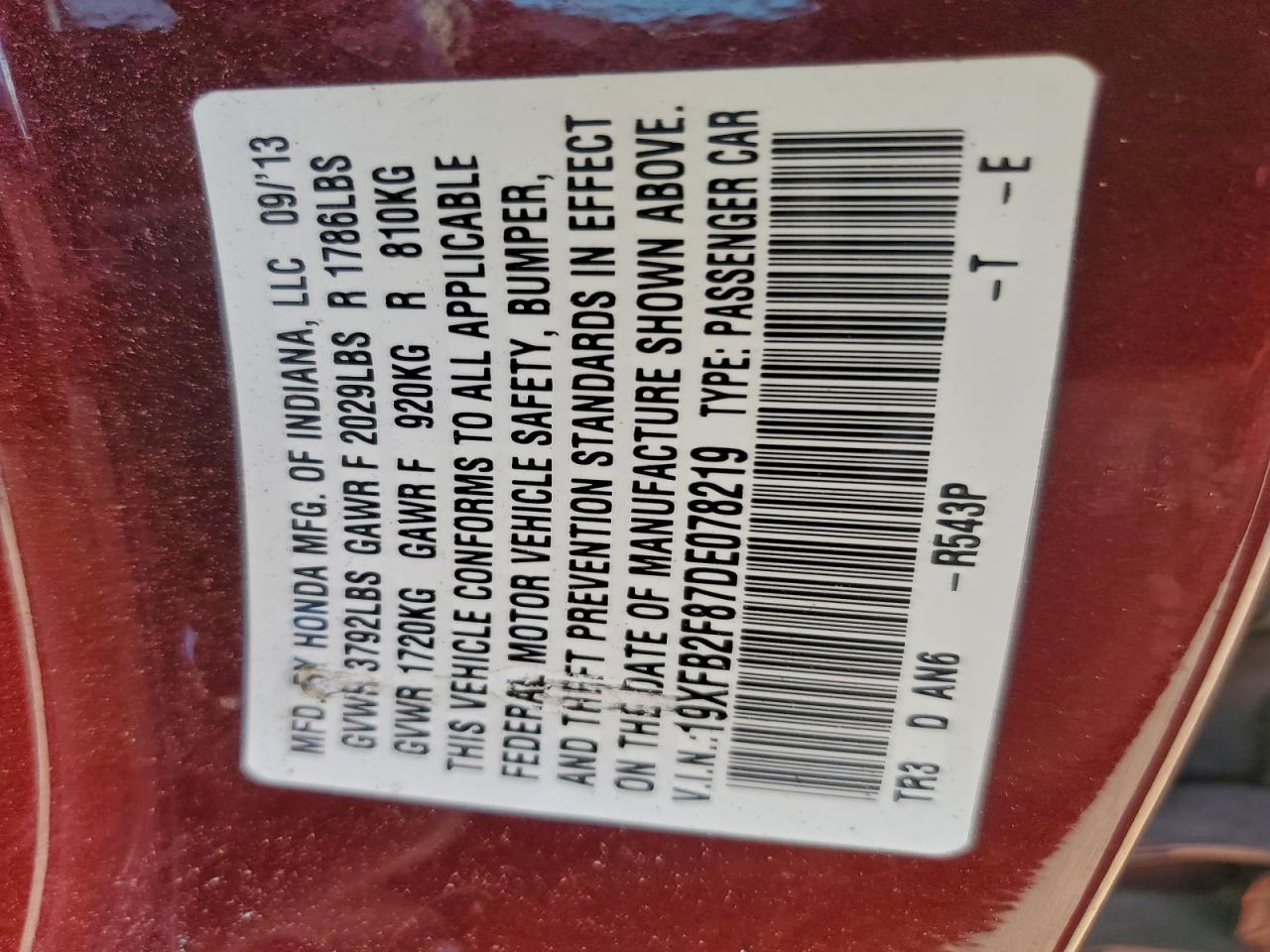 2013 Honda Civic Ex VIN: 19XFB2F87DE078219 Lot: 94360565