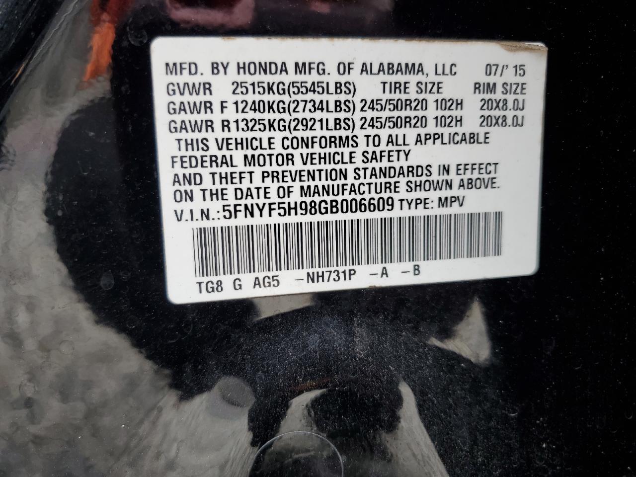 2016 Honda Pilot Touring VIN: 5FNYF5H98GB006609 Lot: 91603315