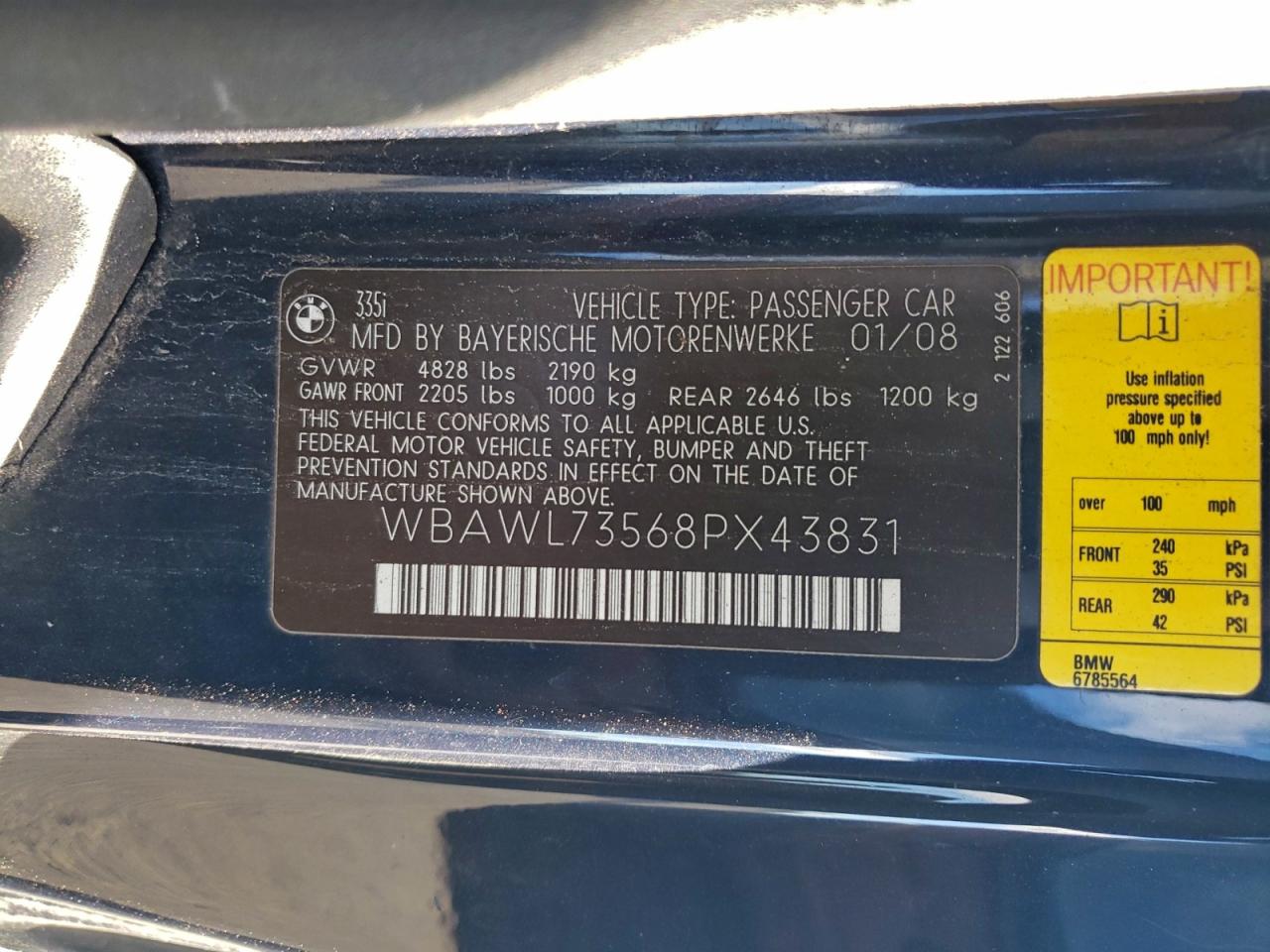 2008 BMW 335 I VIN: WBAWL73568PX43831 Lot: 93004165