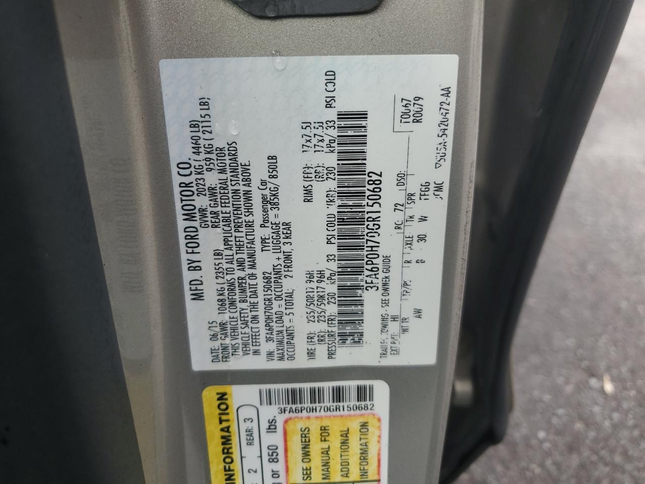 2016 Ford Fusion Se VIN: 3FA6P0H70GR150682 Lot: 91572135