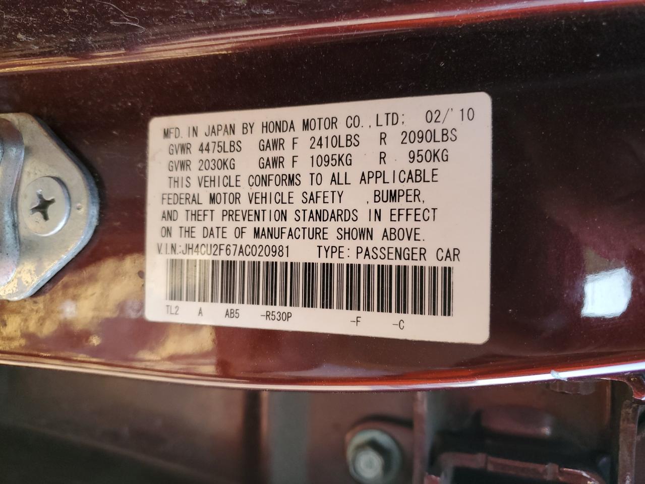 2010 Acura Tsx VIN: JH4CU2F67AC020981 Lot: 92613185