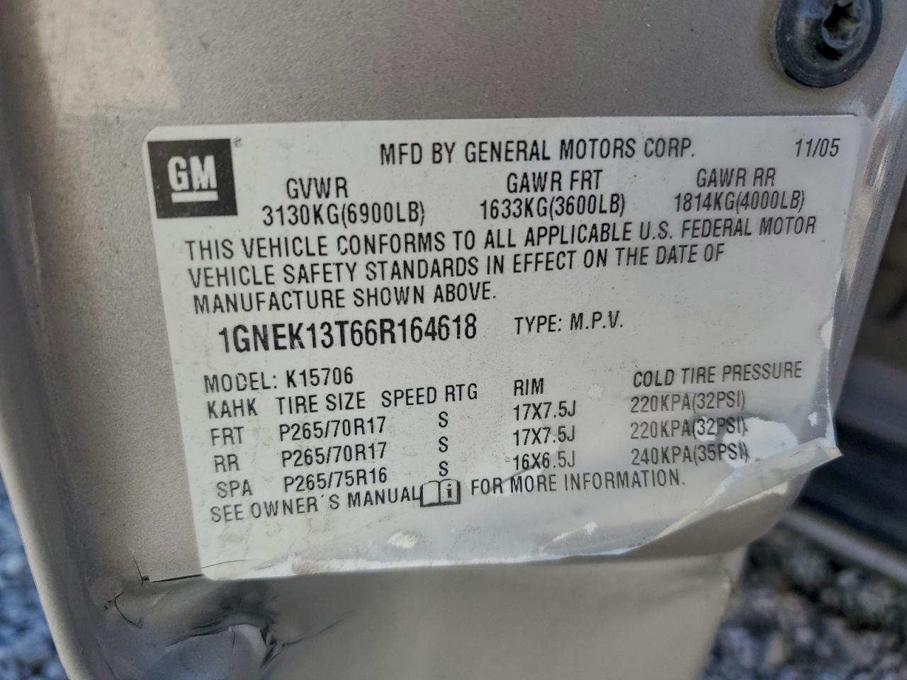 2006 Chevrolet Tahoe K1500 VIN: 1GNEK13T66R164618 Lot: 94503155