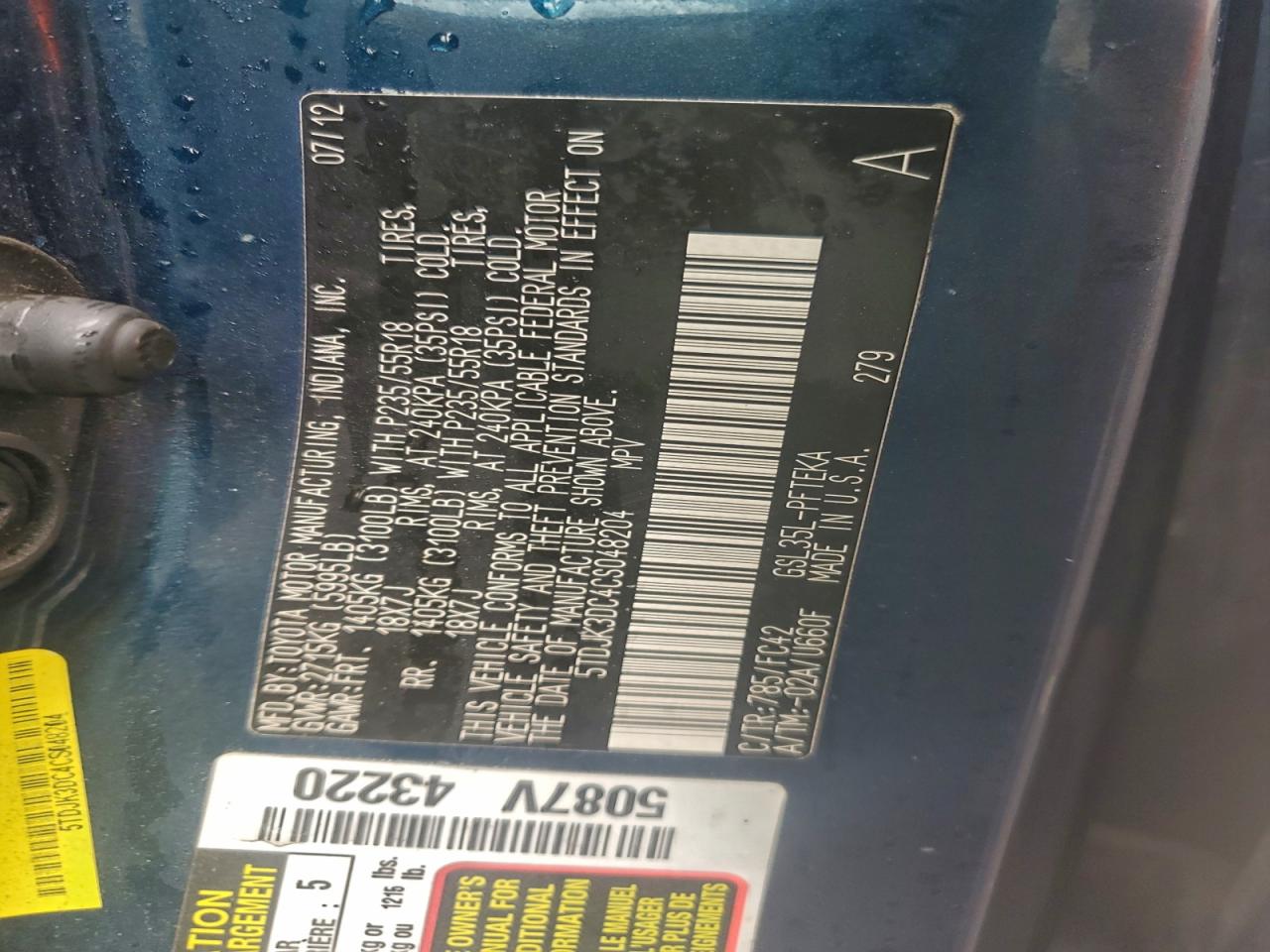 2012 Toyota Sienna Le VIN: 5TDJK3DC4CS048204 Lot: 94051315