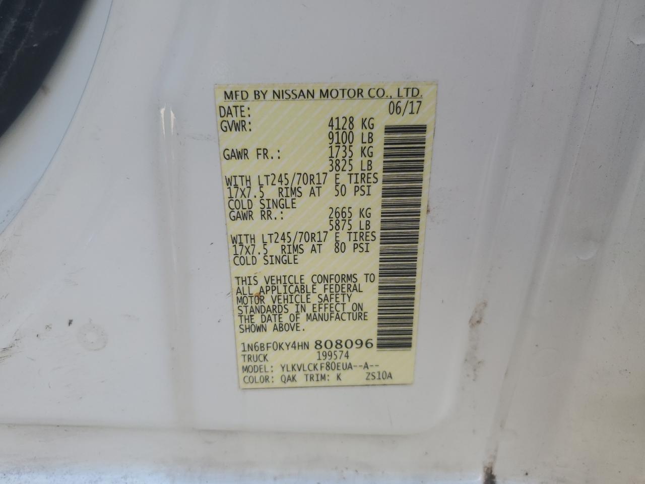 2017 Nissan Nv 1500 Delivery Van VIN: 1N6BF0KY4HN808096 Lot: 90035545