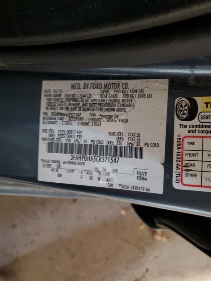 2012 Ford Fusion Se VIN: 3FAHP0HA5CR371547 Lot: 92669525