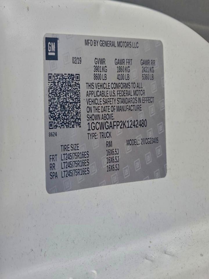 2019 Chevrolet Express G2500 Delivery Van VIN: 1GCWGAFP2K1242480 Lot: 92621795