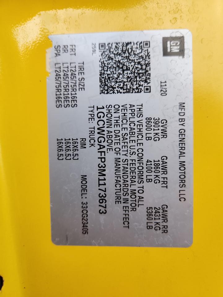 2021 Chevrolet Express G2500 VIN: 1GCWGAFP3M1173673 Lot: 93153805