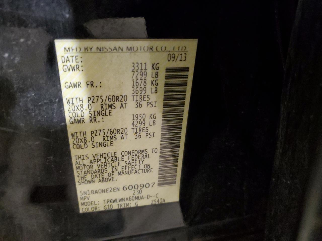 2014 Nissan Armada Platinum VIN: 5N1BA0NE2EN600907 Lot: 93526105