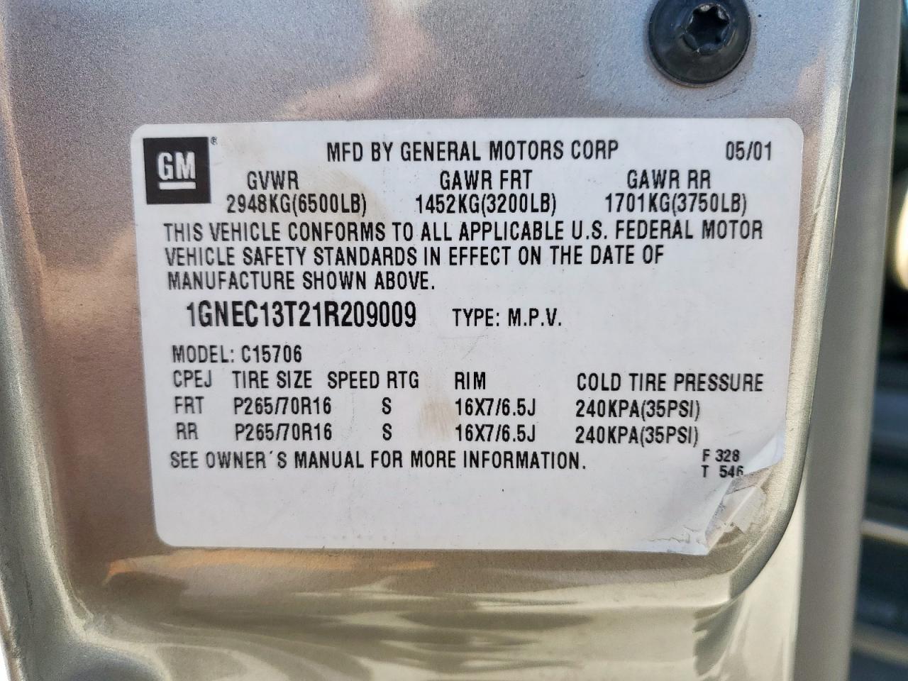 2001 Chevrolet Tahoe C1500 VIN: 1GNEC13T21R209009 Lot: 91688005