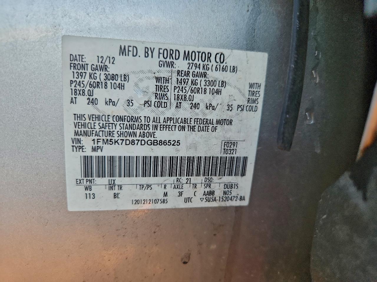 2013 Ford Explorer Xlt VIN: 1FM5K7D87DGB86525 Lot: 94497235