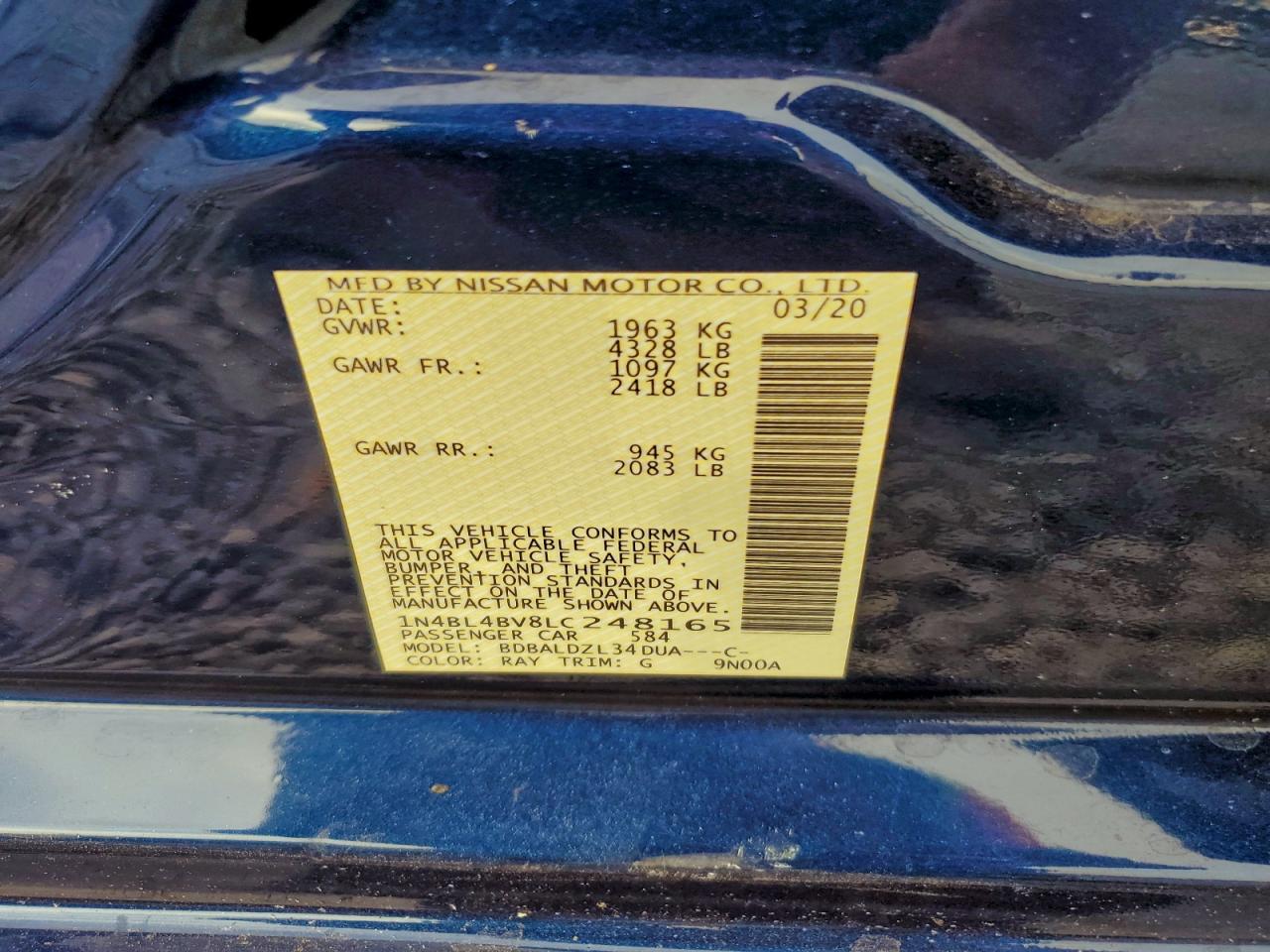 2020 Nissan Altima S VIN: 1N4BL4BV8LC248165 Lot: 94174575