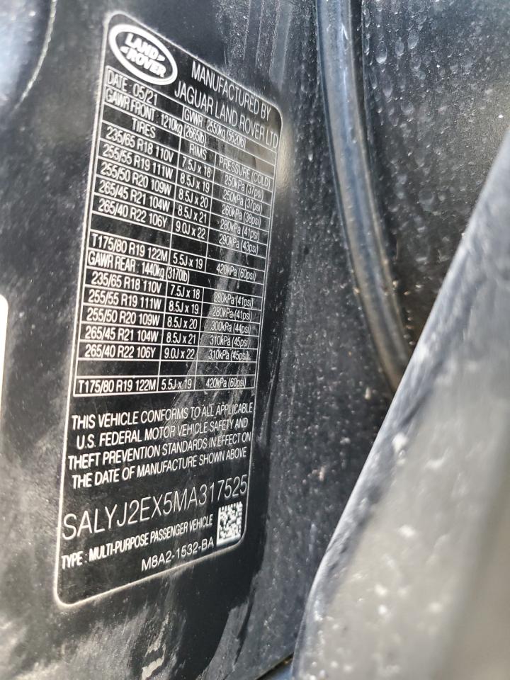 2021 Land Rover Range Rover Velar S VIN: SALYJ2EX5MA317525 Lot: 91608205