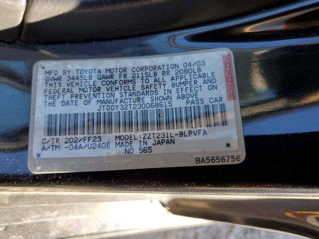 2003 Toyota Celica Gt-S VIN: JTDDY32T230068615 Lot: 92532105