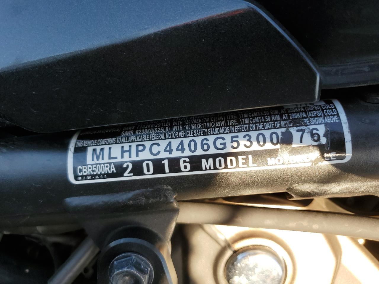 2016 Honda Cbr500 Ra-Abs VIN: MLHPC4406G5300076 Lot: 92850015