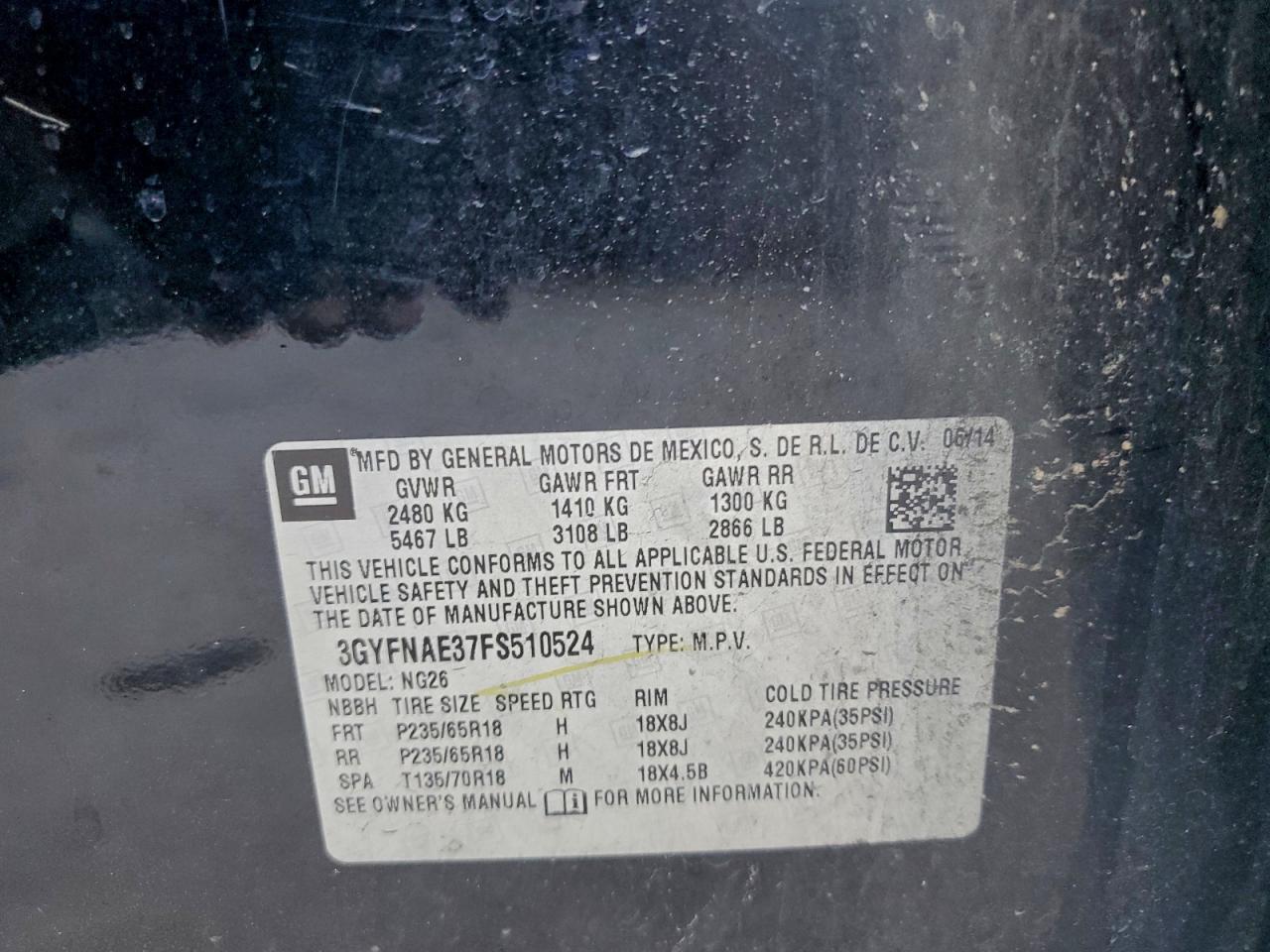 2015 Cadillac Srx VIN: 3GYFNAE37FS510524 Lot: 94056815