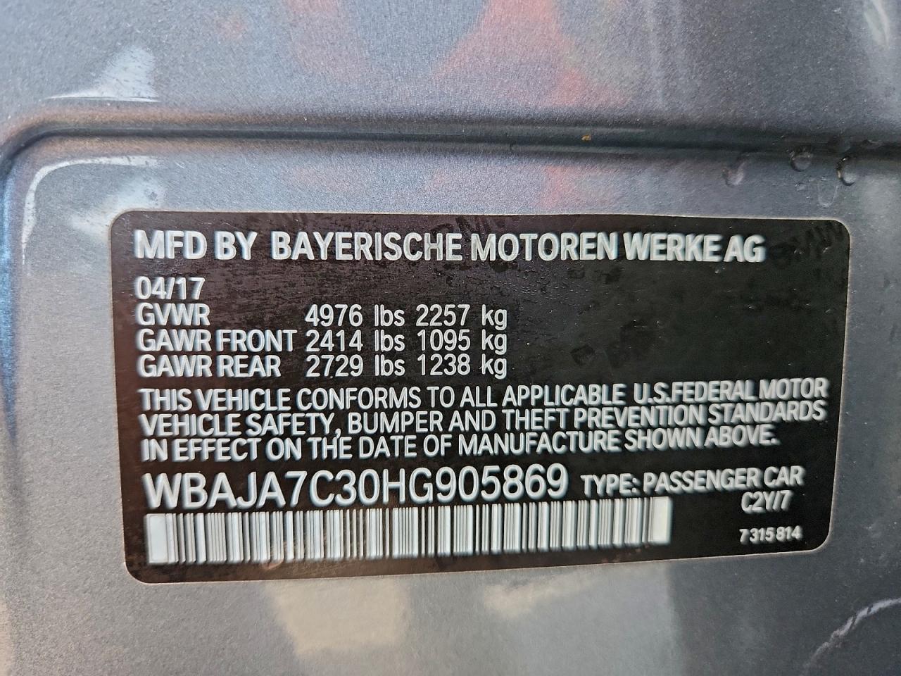 2017 BMW 530 Xi VIN: WBAJA7C30HG905869 Lot: 94092755