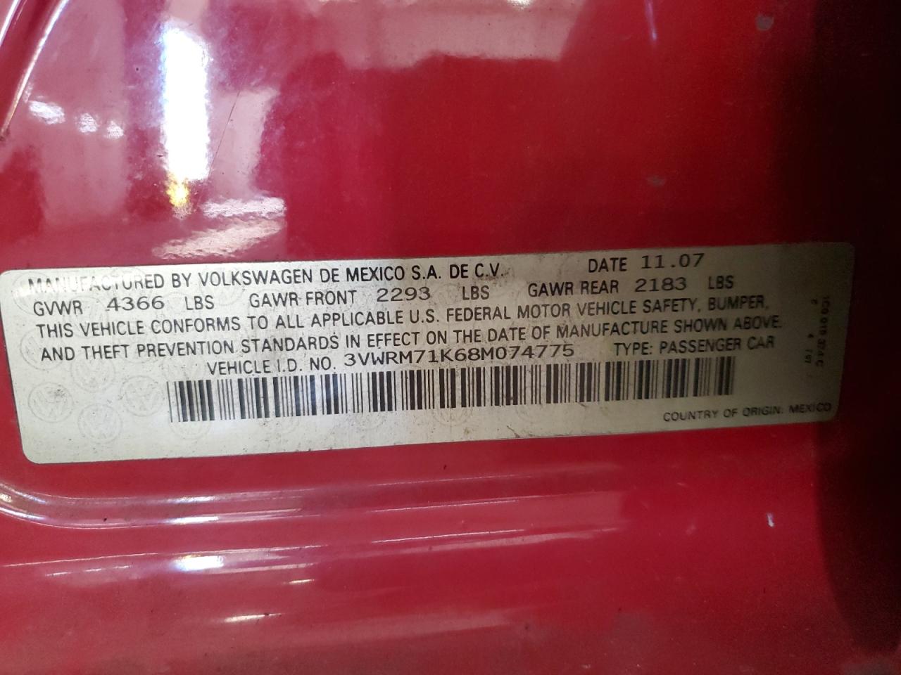 2008 Volkswagen Jetta Se VIN: 3VWRM71K68M074775 Lot: 92993315