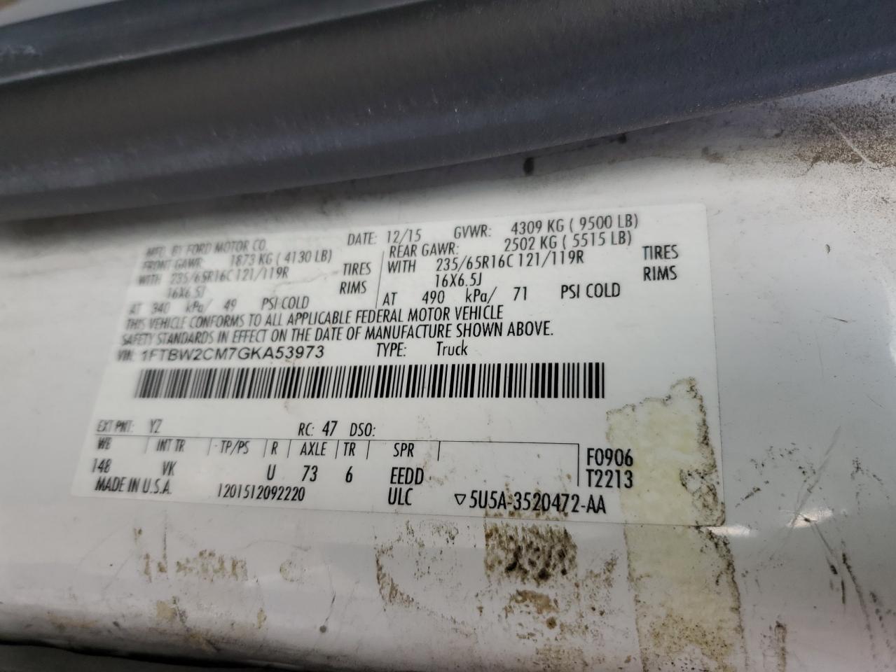 2016 Ford Transit Utility / Service Van VIN: 1FTBW2CM7GKA53973 Lot: 91330325