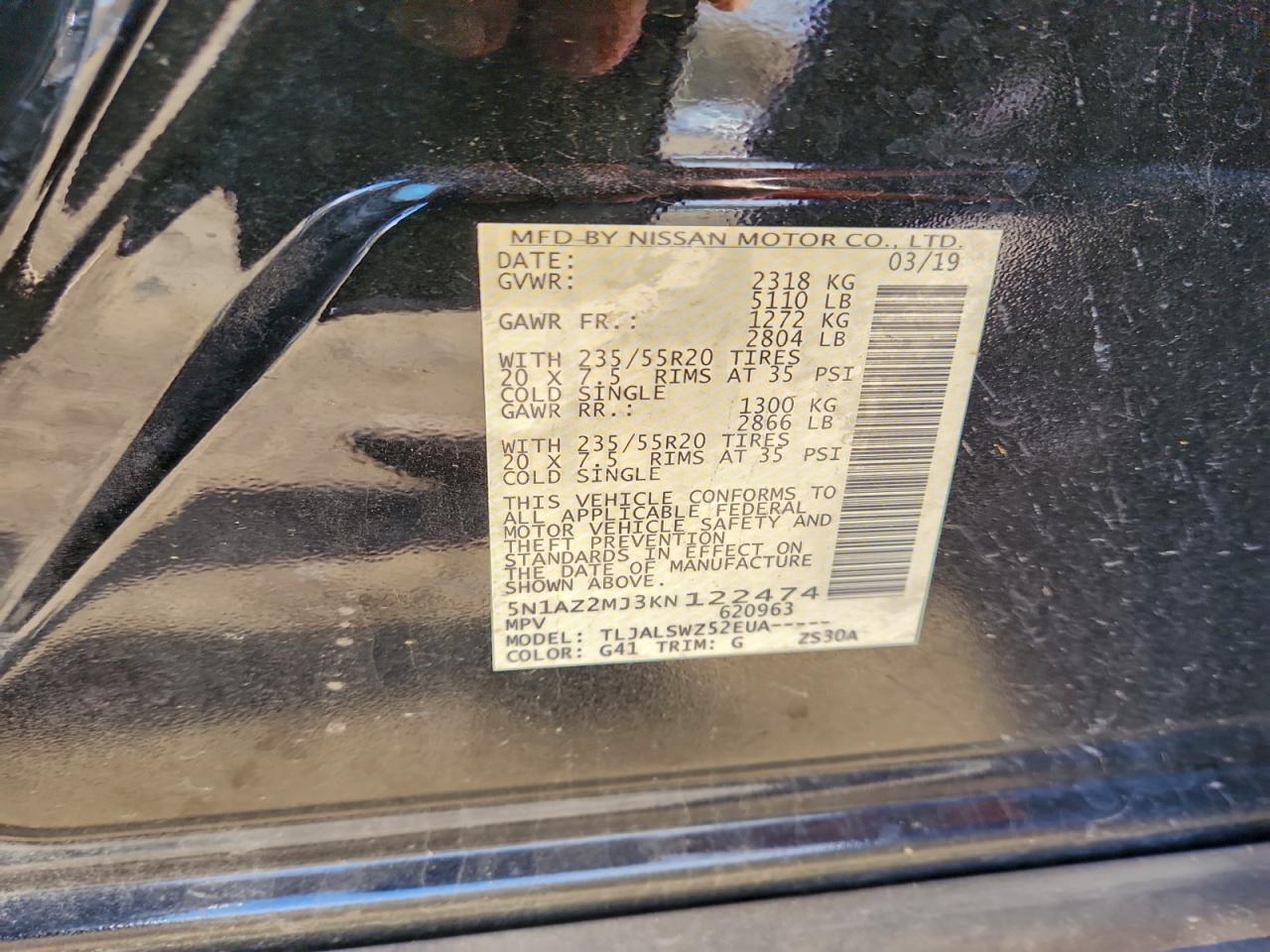 2019 Nissan Murano S VIN: 5N1AZ2MJ3KN122474 Lot: 93869935