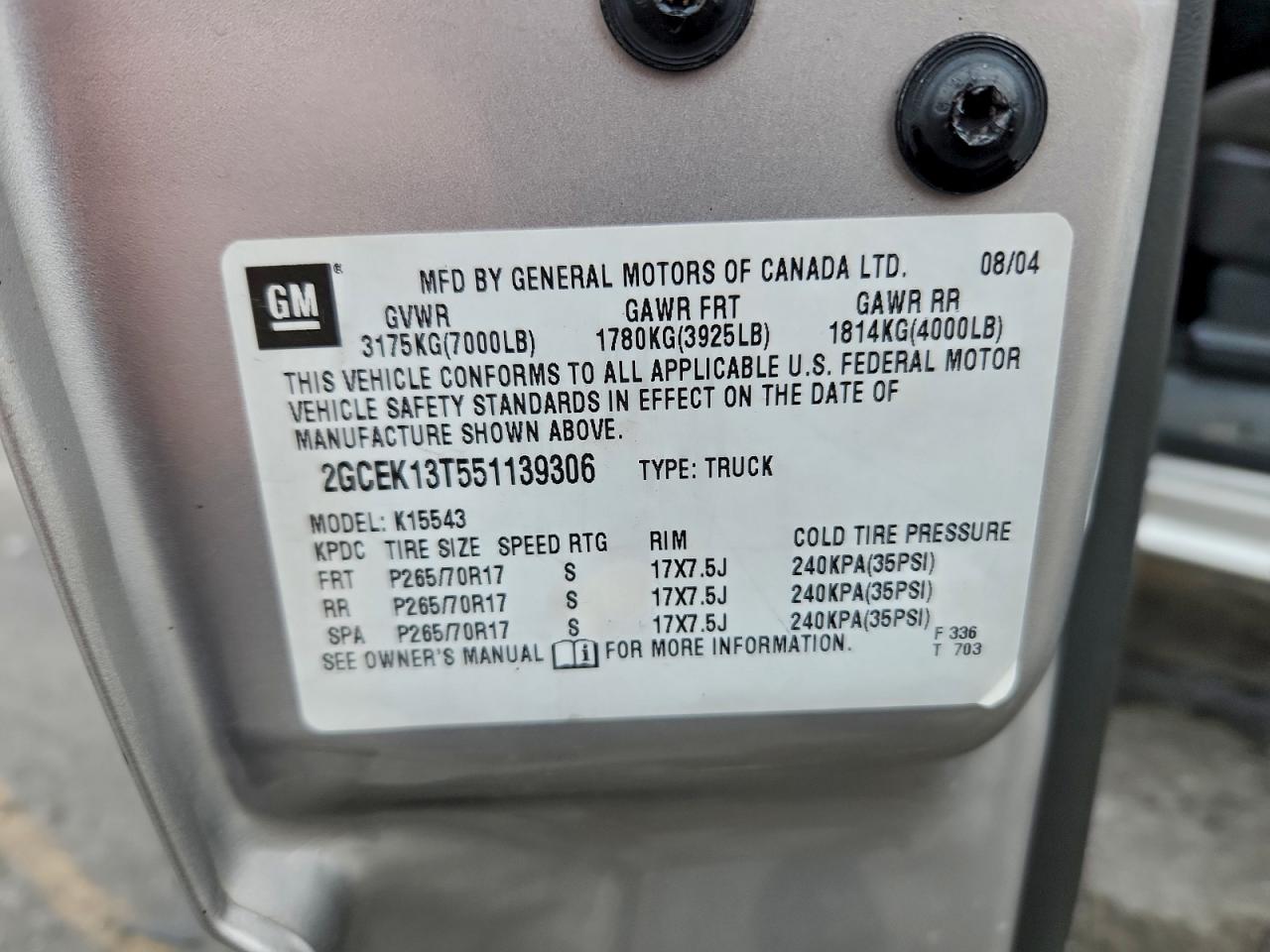 2005 Chevrolet Silverado K1500 VIN: 2GCEK13T551139306 Lot: 93855995