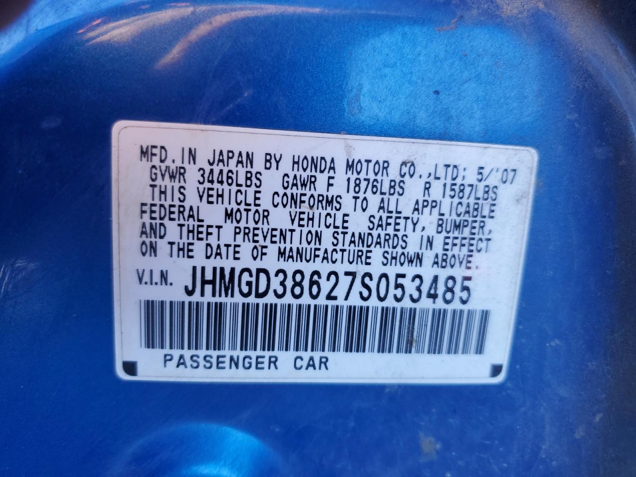 2007 Honda Fit S VIN: JHMGD38627S053485 Lot: 93251035