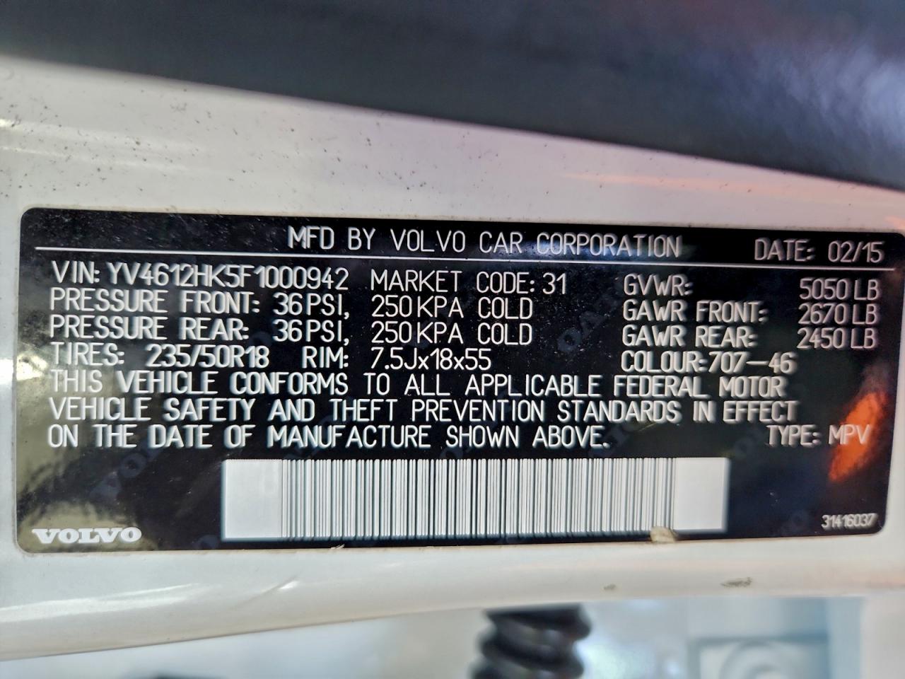 2015 Volvo V60 Cross Country Premier VIN: YV4612HK5F1000942 Lot: 94525445