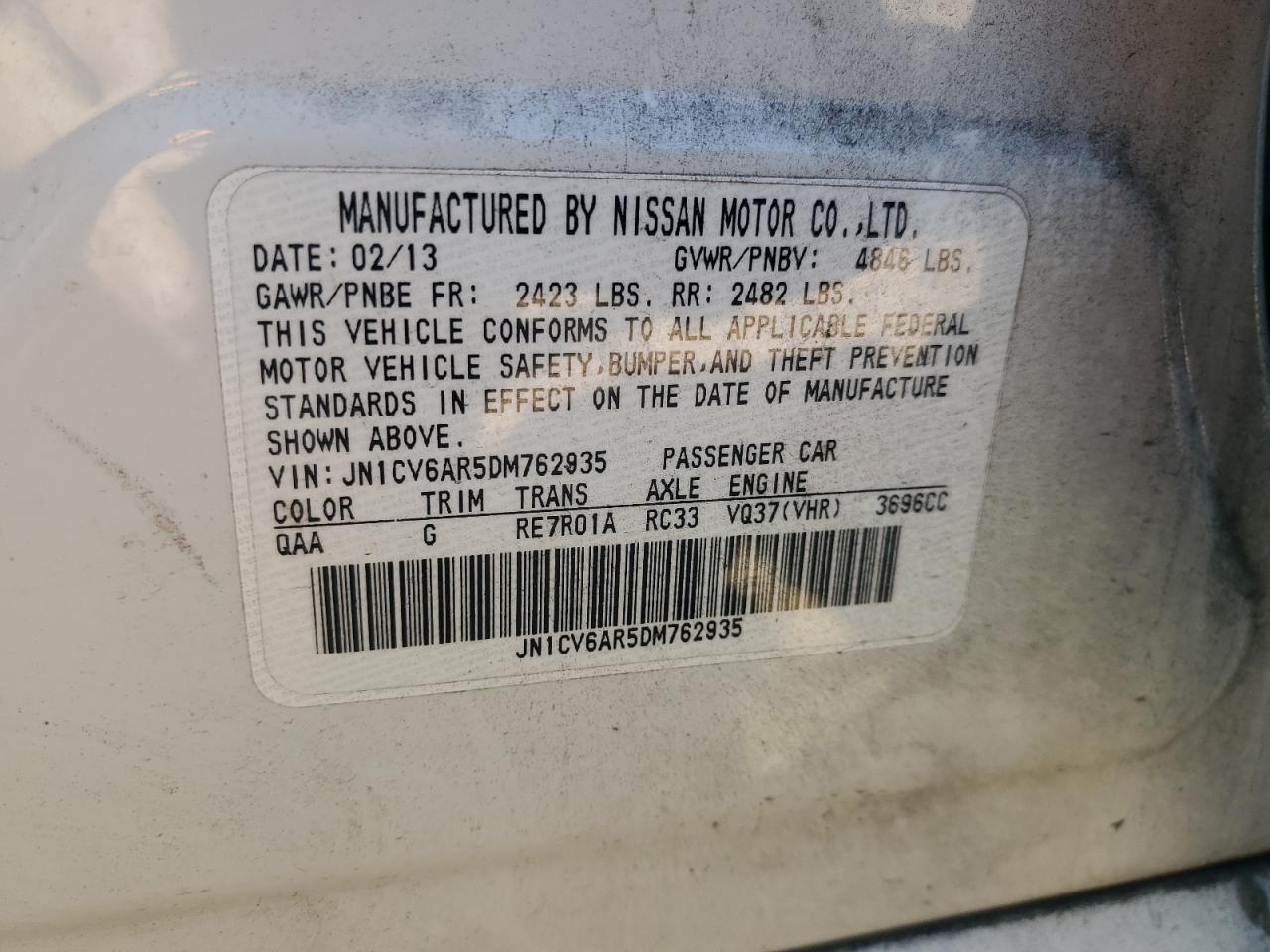 2013 Infiniti G37 VIN: JN1CV6AR5DM762935 Lot: 91063995