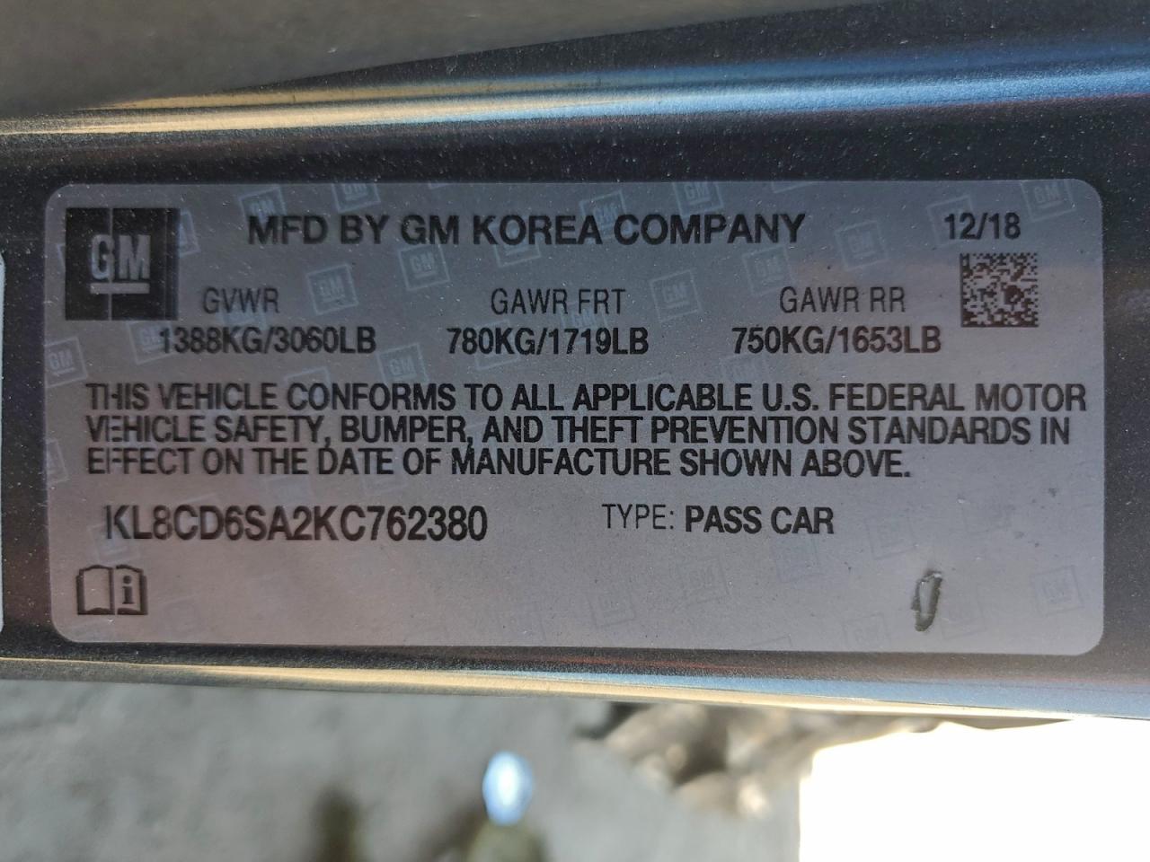 2019 Chevrolet Spark 1Lt VIN: KL8CD6SA2KC762380 Lot: 94520055