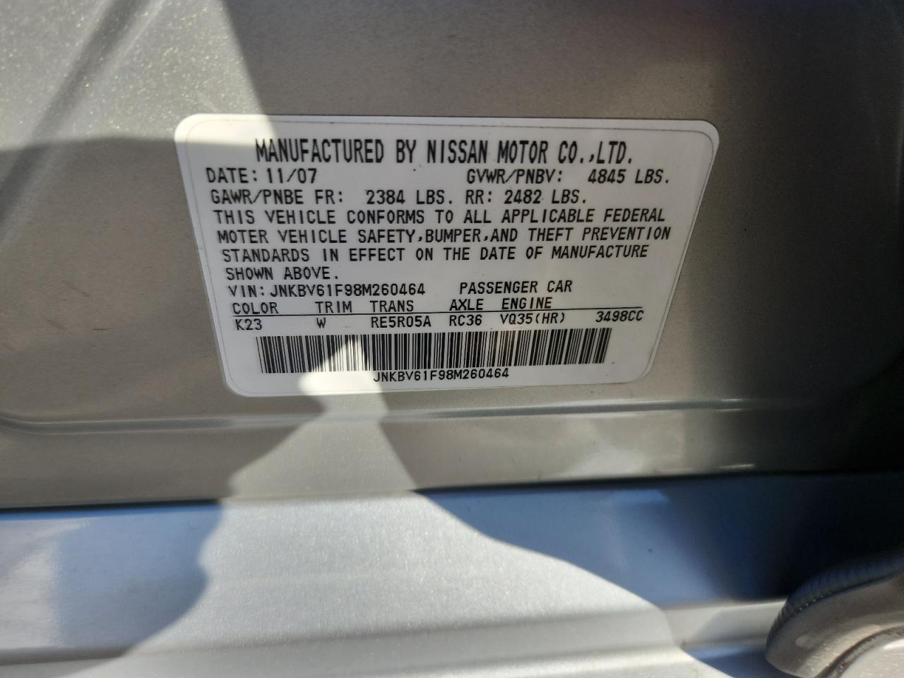 2008 Infiniti G35 VIN: JNKBV61F98M260464 Lot: 92665505