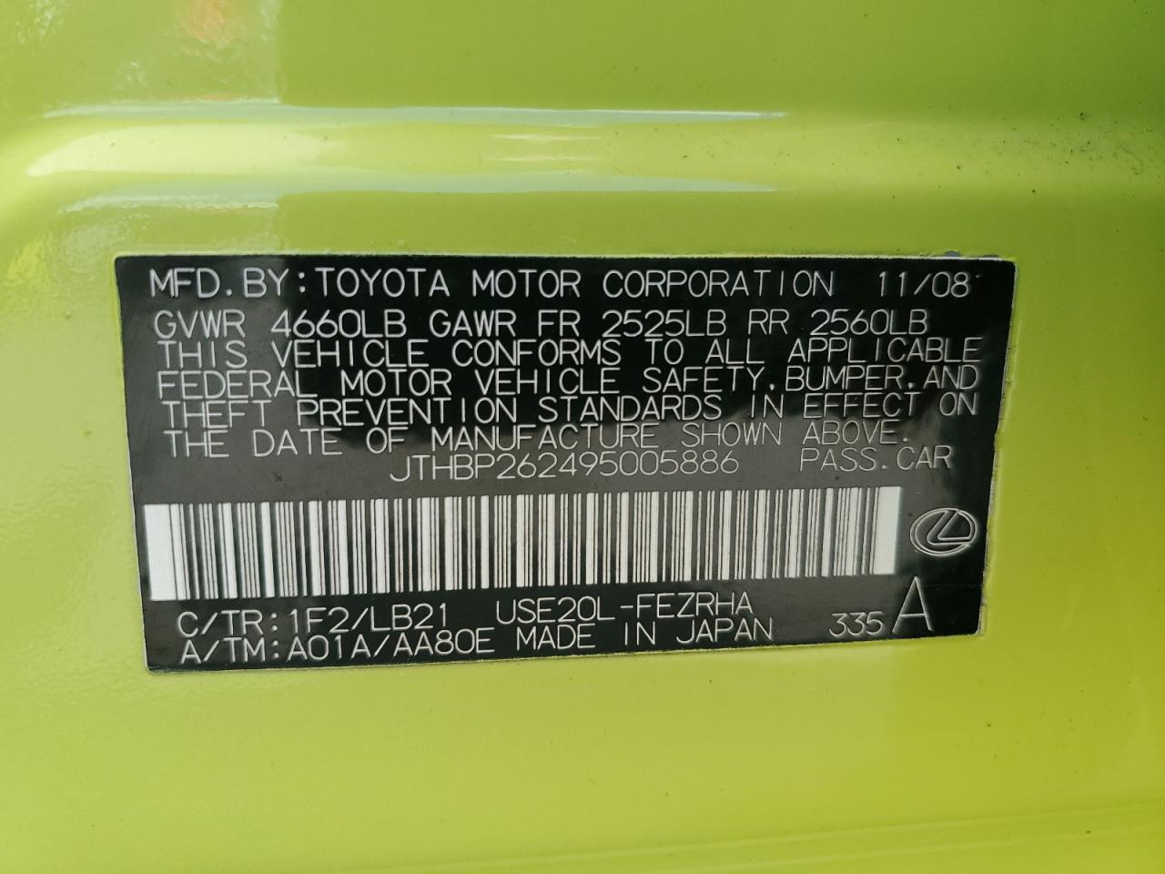 2009 Lexus Is-F VIN: JTHBP262495005886 Lot: 93980825