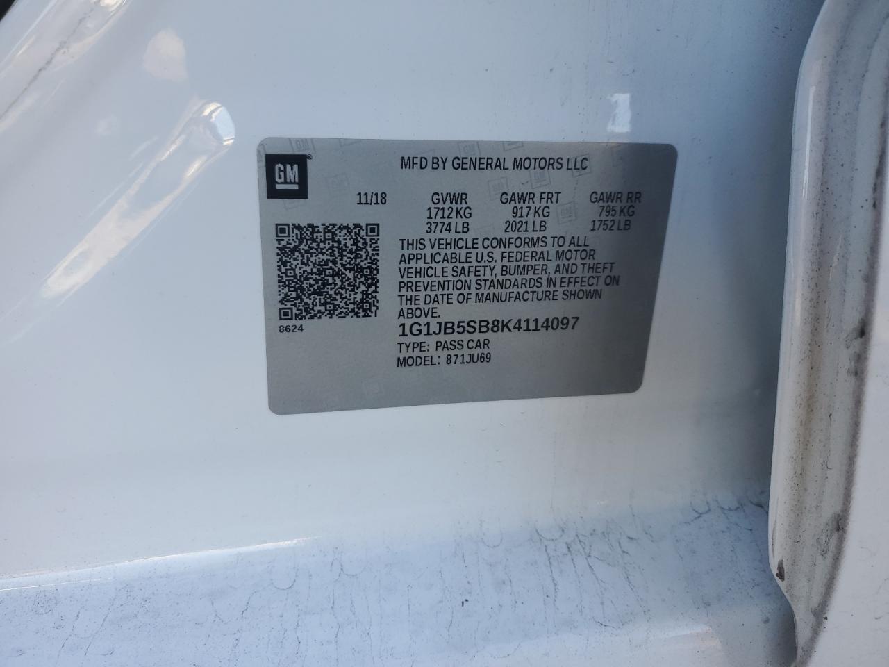 2019 Chevrolet Sonic Ls VIN: 1G1JB5SB8K4114097 Lot: 91437565