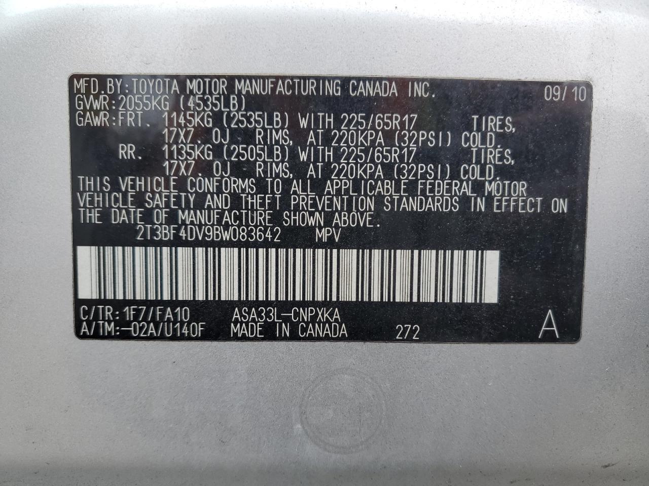 2011 Toyota Rav4 VIN: 2T3BF4DV9BW083642 Lot: 93535895