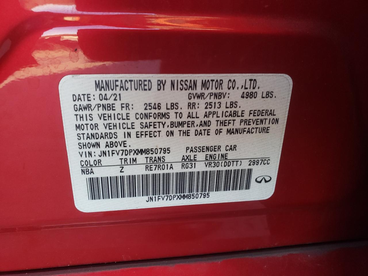 2021 Infiniti Q50 Red Sport 400 VIN: JN1FV7DPXMM850795 Lot: 91650105