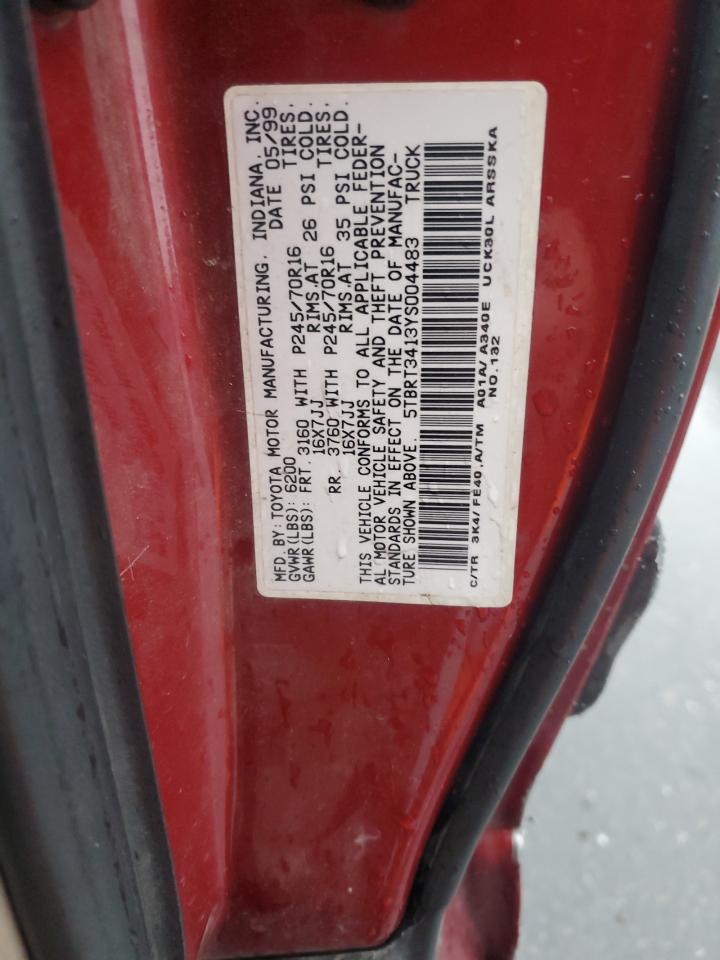 2000 Toyota Tundra Access Cab VIN: 5TBRT3413YS004483 Lot: 92726525