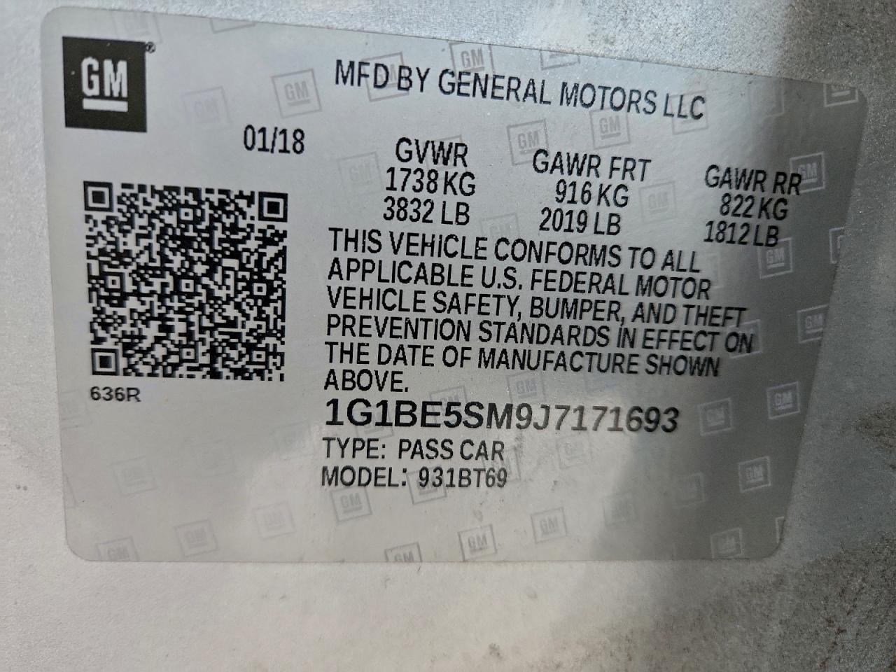 2018 Chevrolet Cruze Lt VIN: 1G1BE5SM9J7171693 Lot: 93978255