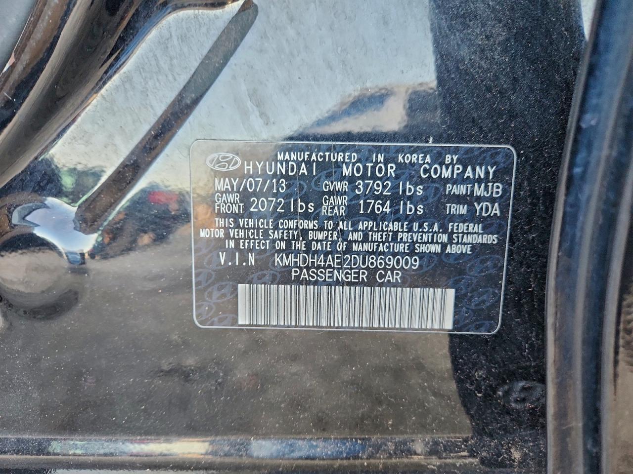 2013 Hyundai Elantra Gls VIN: KMHDH4AE2DU869009 Lot: 93721935